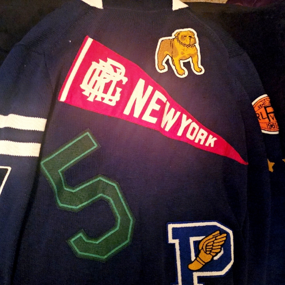 Polo by Ralph Lauren Blue and White Varsity Jacket with Embroidered Patches - Picture 2 of 2